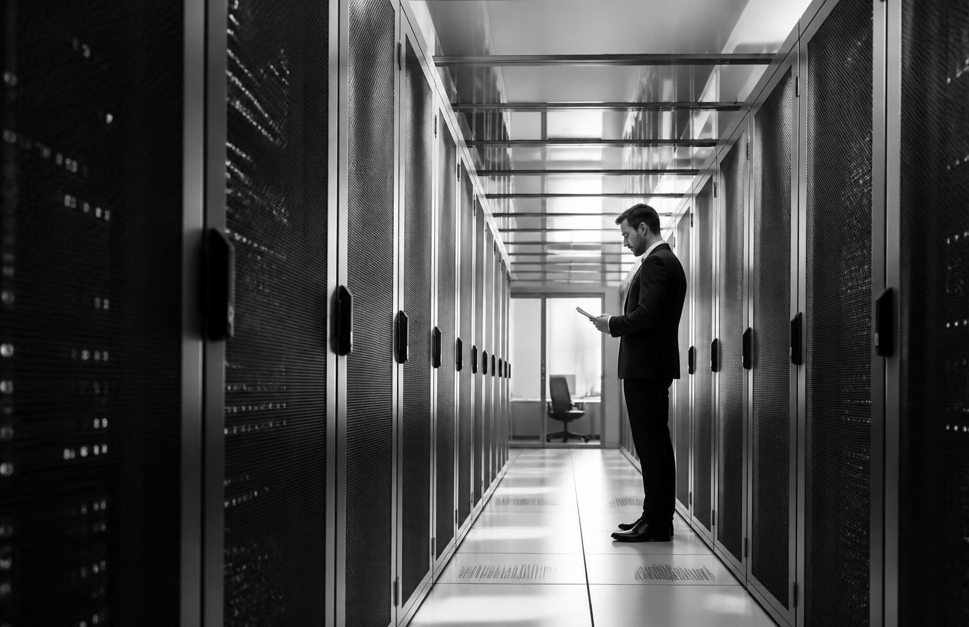 Black and white photograph of an executive walking a modern data center corridor