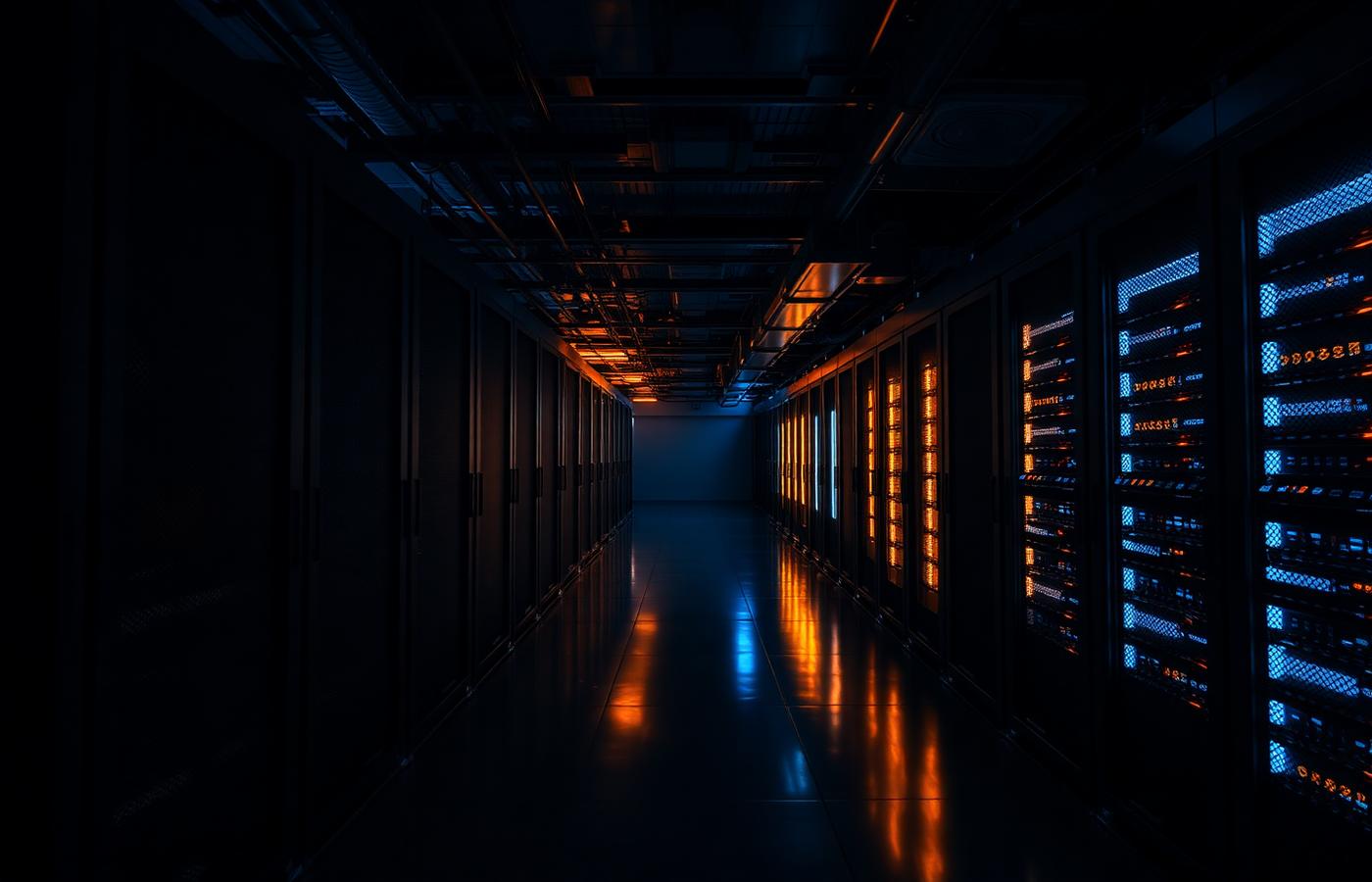 Dark data center corridor lit by amber and blue server lights
