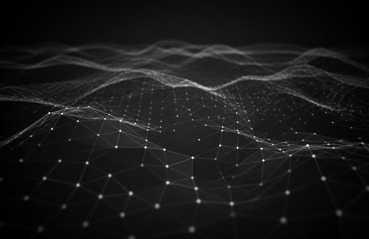 Greyscale digital network mesh forming an abstract data landscape