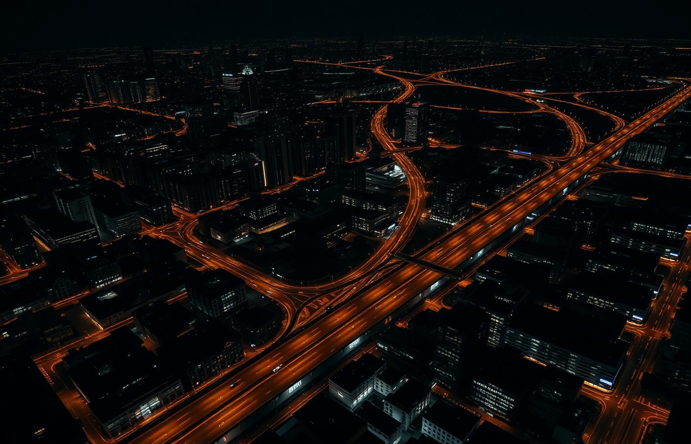 Aerial night view of a city grid with amber highway light trails